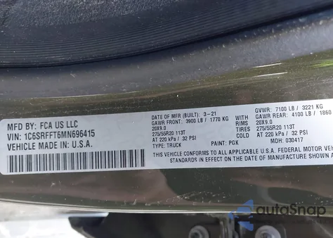 2021 Ram 1500 Big Horn 4X4 5'7 Box из США, поврежденный, VIN 1C6SRFFT6MN696415